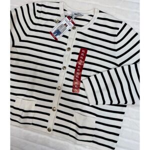 Nine West Cardigan Sweater Womens XLarge Black White Stripe Relaxed Elegant Chic